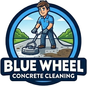 Blue Wheel Concrete Cleaning logo with a worker pressure washing concrete in a blue circular emblem
