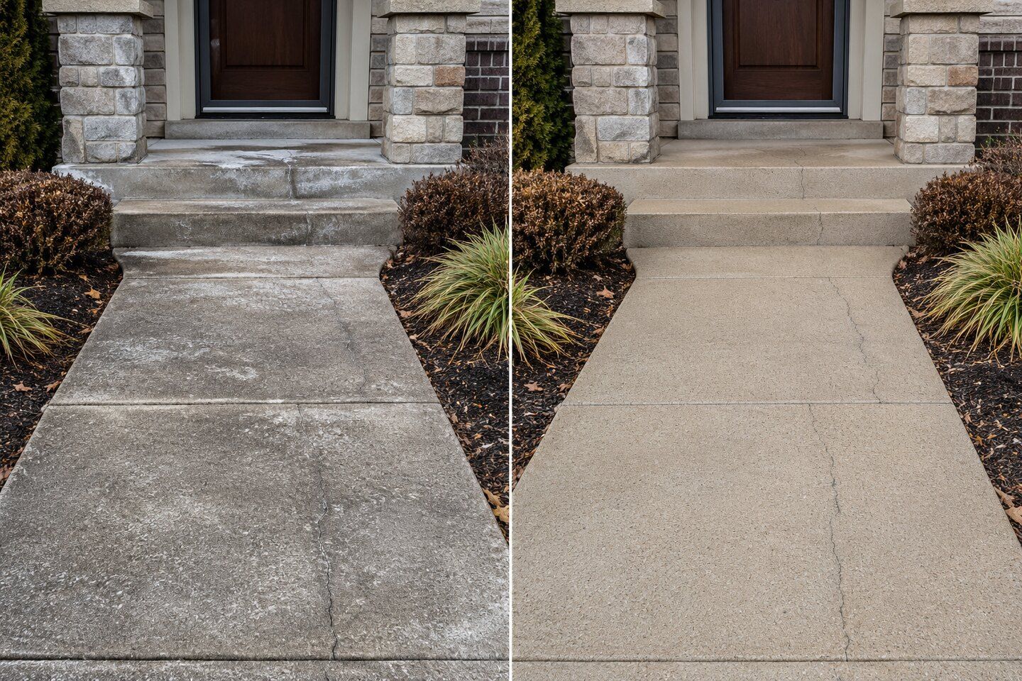 Representative illustrative before-and-after comparison of a concrete walkway and entrance before cleaning and after sealing