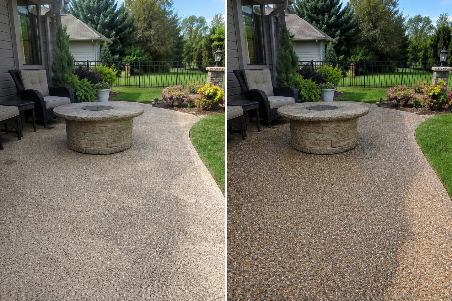 Representative illustrative before-and-after comparison of a concrete patio before cleaning and after sealing