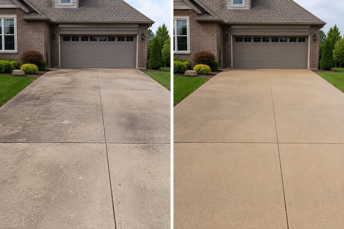 Representative illustrative before-and-after comparison of a concrete driveway before preparation and after sealing