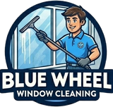Blue Wheel Window Cleaning logo with a smiling worker washing a window with a squeegee