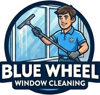 Blue Wheel Window Cleaning logo with a smiling worker washing a window with a squeegee