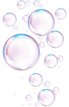 Translucent soap bubbles floating on a white background, with pink and blue highlights