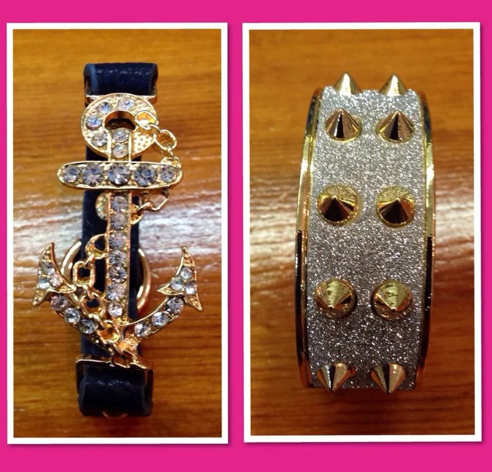 Two views of a jeweled navy strap bracelet with gold anchors and a glittery spiked clasp on wood background