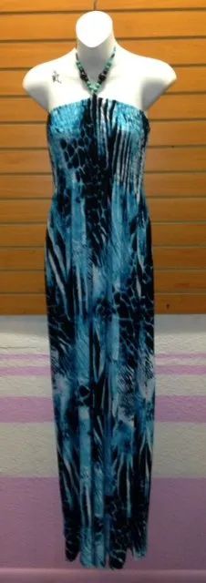 Blue-and-black patterned sleeveless maxi dress displayed on a mannequin