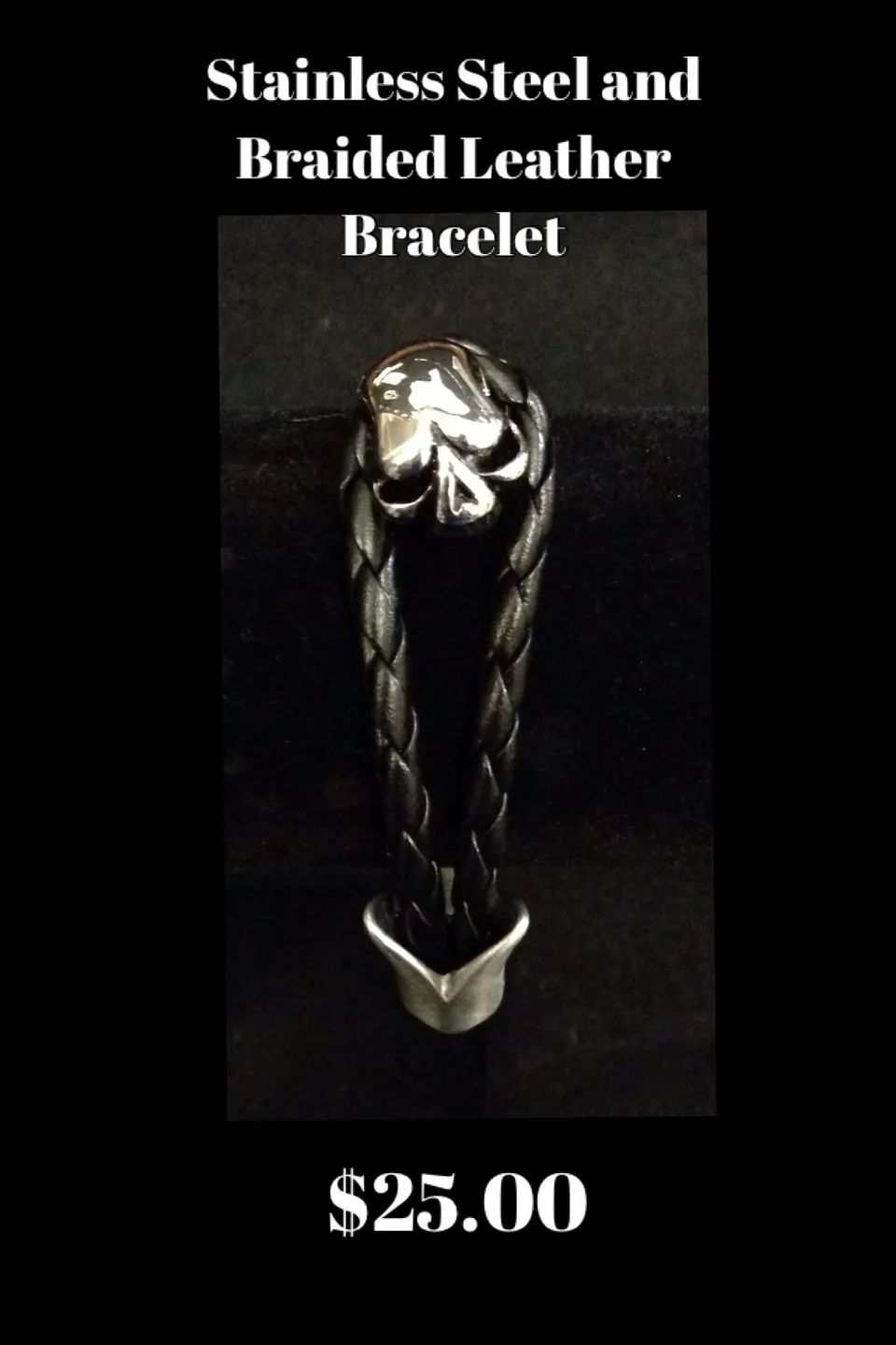 Black stainless steel and braided leather bracelet product ad, priced at $25.00