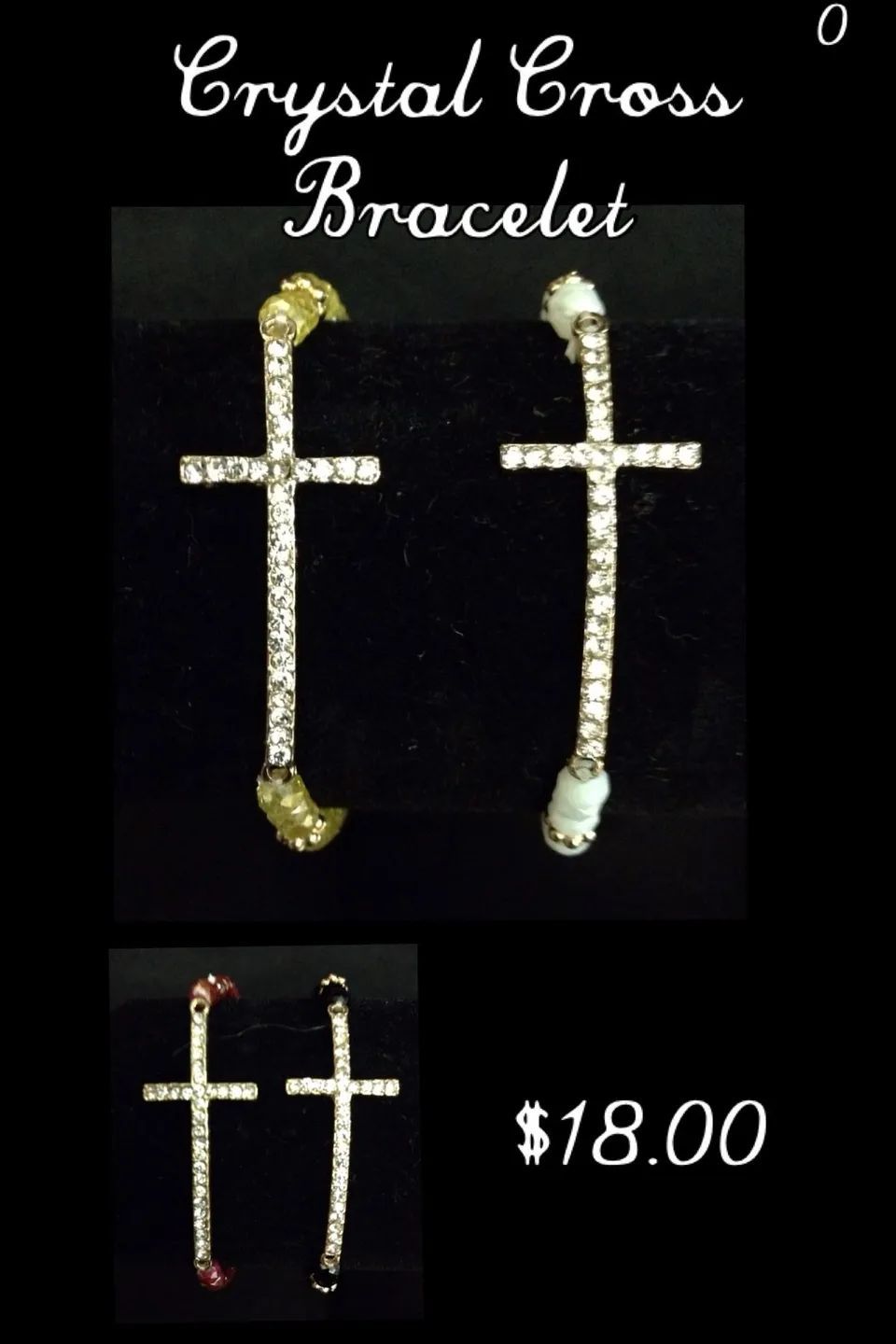Crystal cross bracelet with gold accents on black background, shown in two views, labeled $18.00