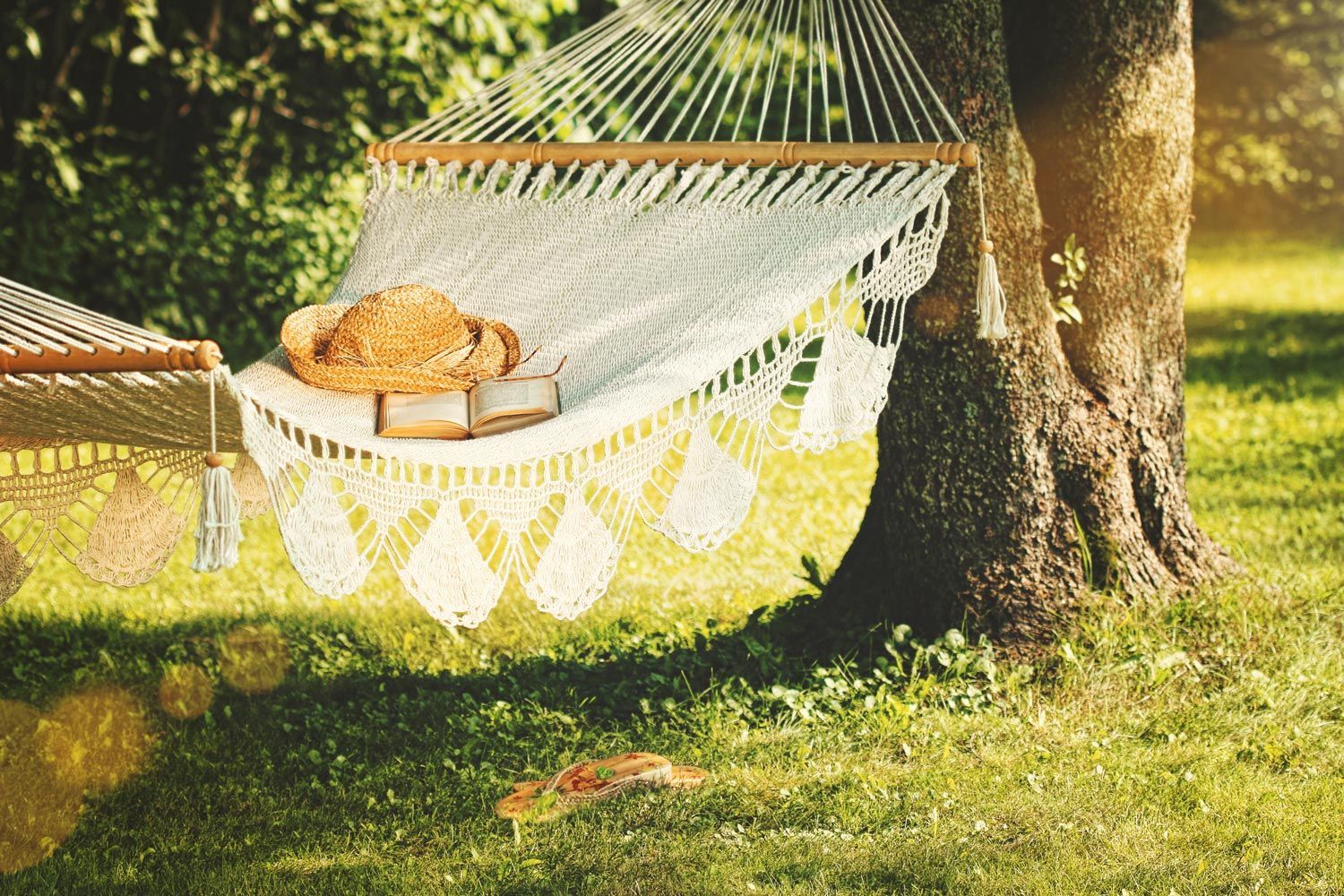 White hammock with pillows and a basket by a tree in a sunny grassy yard