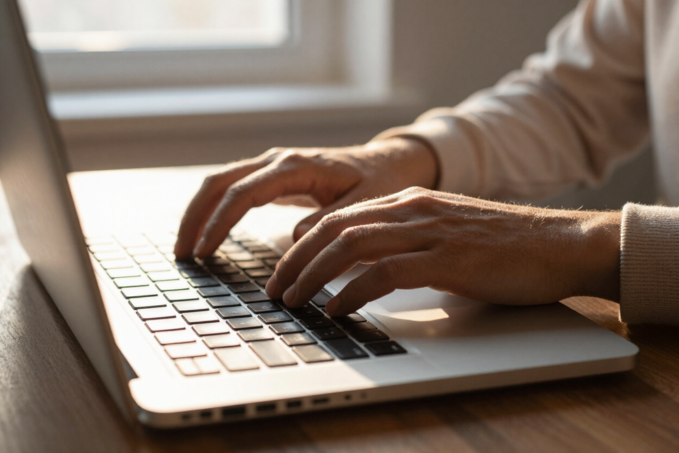 Hands typing on a laptop keyboard near a sunlit window.