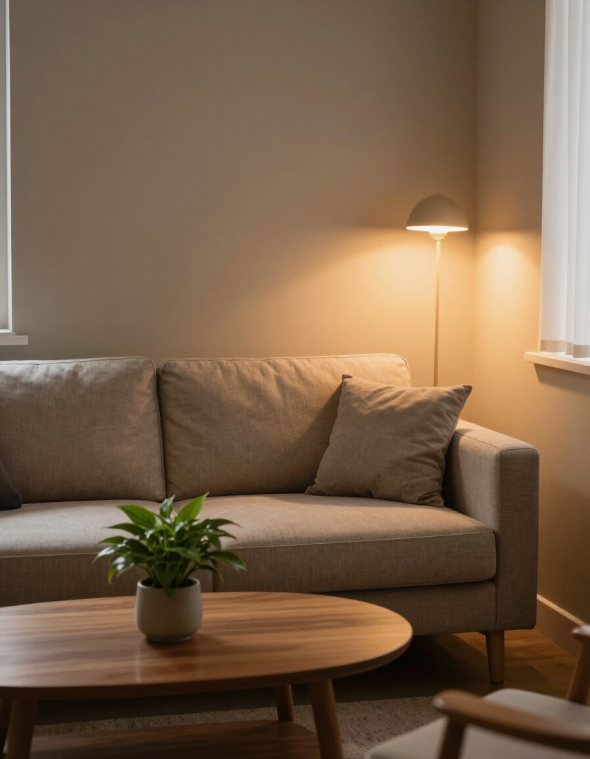 Cozy living room with beige sofa, round wooden coffee table, potted plant, and warm floor lamp lighting
