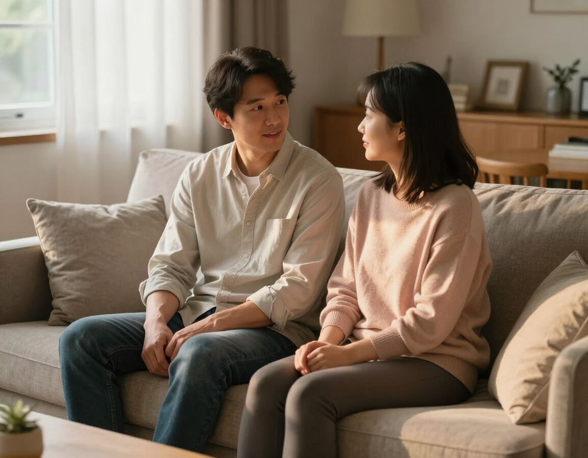 Two people sitting on a couch, talking in a bright living room