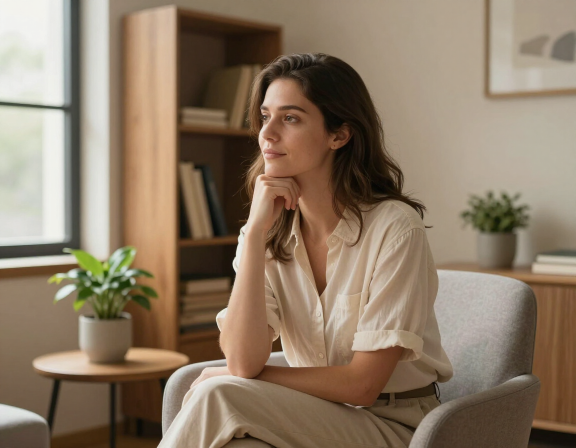 Woman seated in a cozy living room, resting her chin on her hand beside a potted plant.