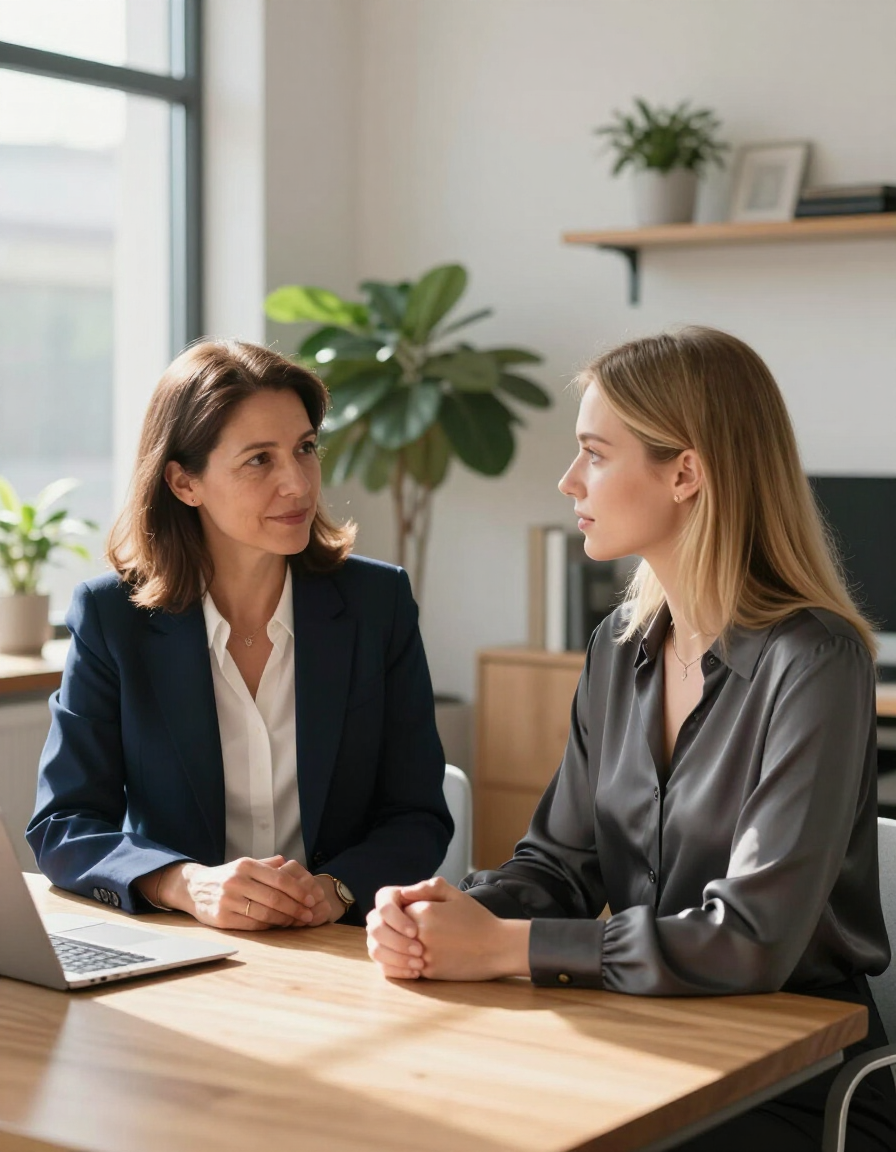 Two women in business attire talking at a wooden table in a bright office