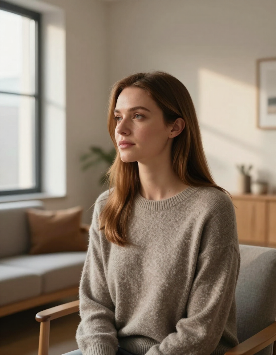 Woman seated in a bright living room, wearing a gray sweater and looking out a window.