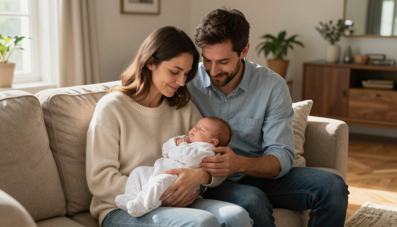 A supportive couple holding their new baby in a warm living room setting.