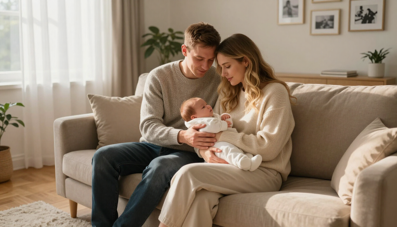 A supportive couple holding their new baby in a warm living room setting.