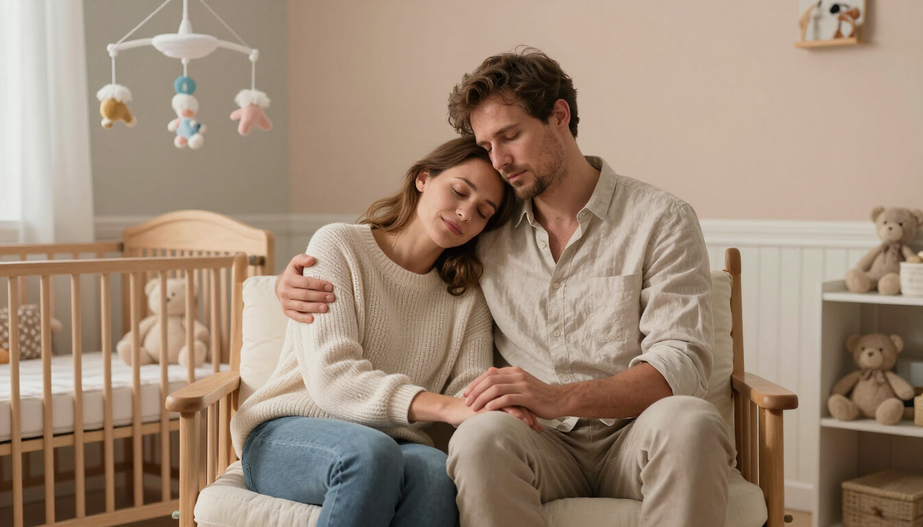 Tired but happy parents sharing a quiet moment in the nursery.