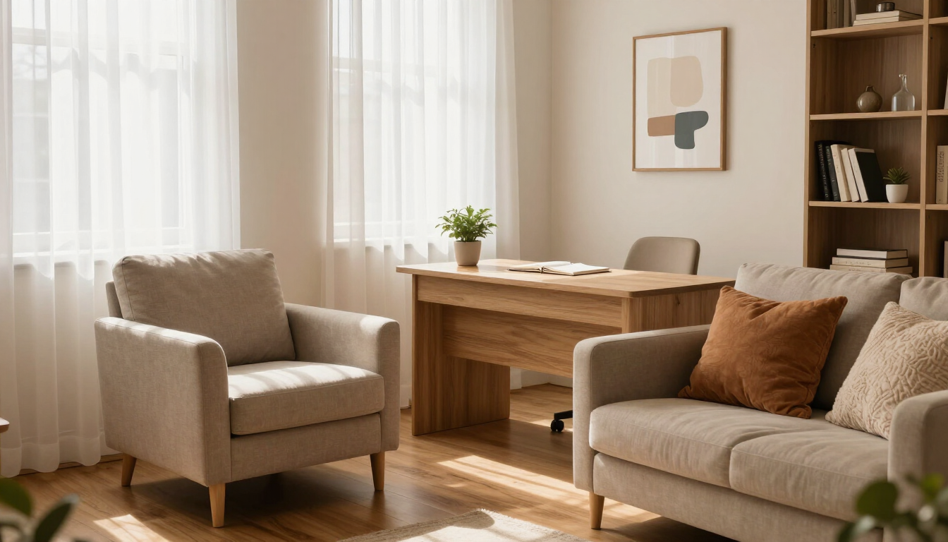 A warm and inviting therapy office for couples counseling.