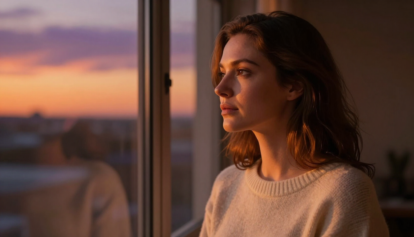 A person looking thoughtfully out a window during sunset, representing emotional reflection in complicated relationships.