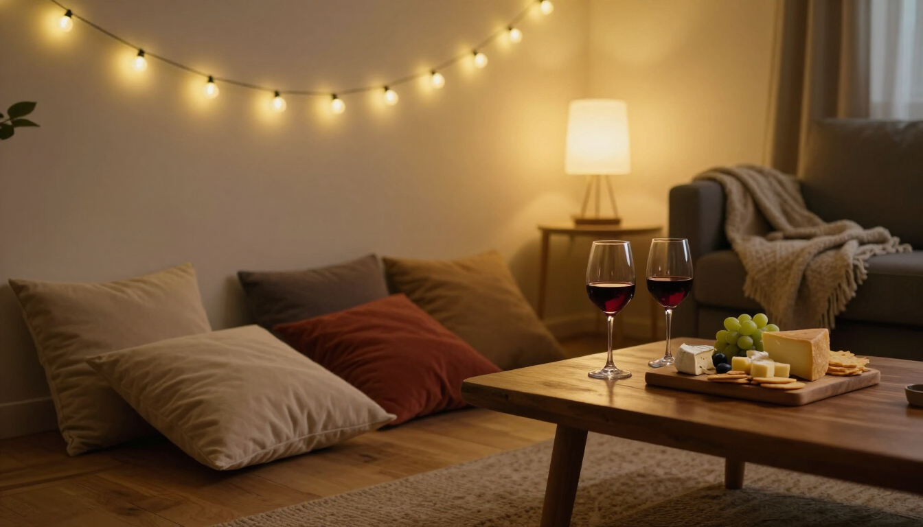A cozy living room setup for a romantic date night at home with wine and cheese.