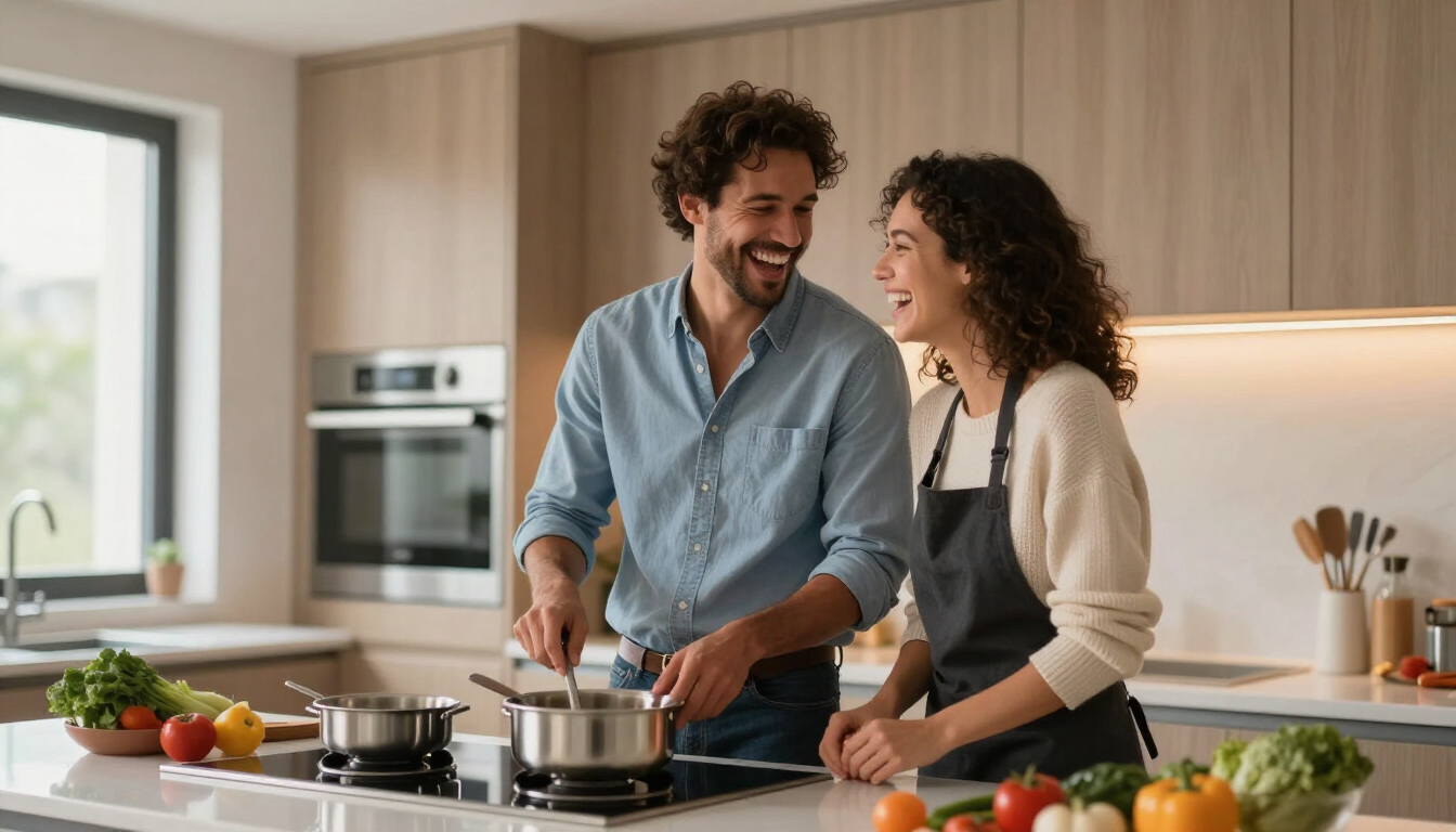 Couple cooking together in a modern kitchen