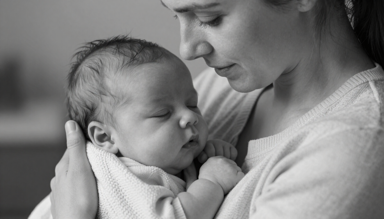 Black and white photo of a new mother holding her baby closely with a thoughtful expression.