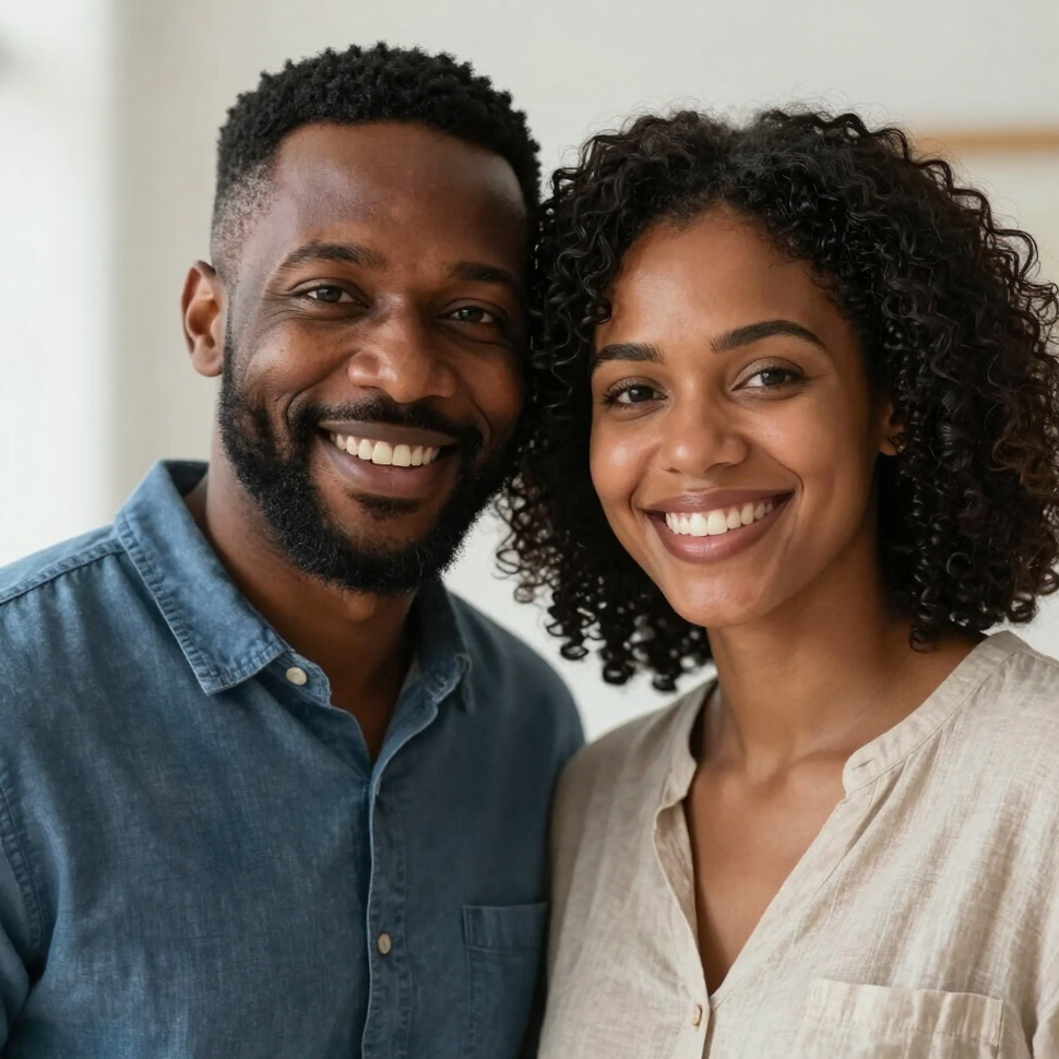 Two smiling people standing close together indoors, wearing casual shirts against a light background