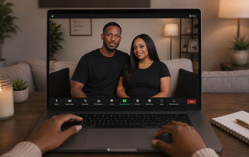 Video call on a laptop showing two people seated on a couch in a warmly lit living room.
