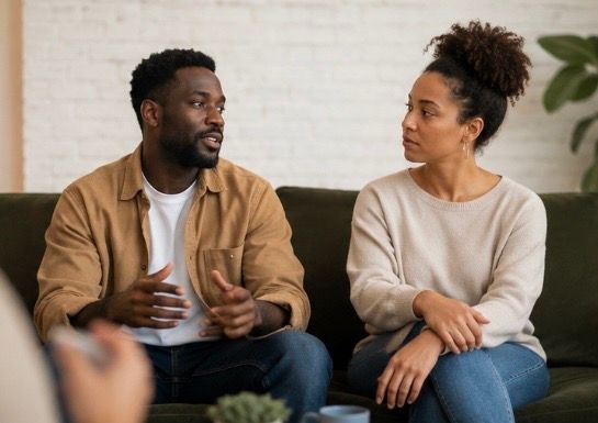 Two people sit on a couch talking, one gesturing while the other listens attentively.