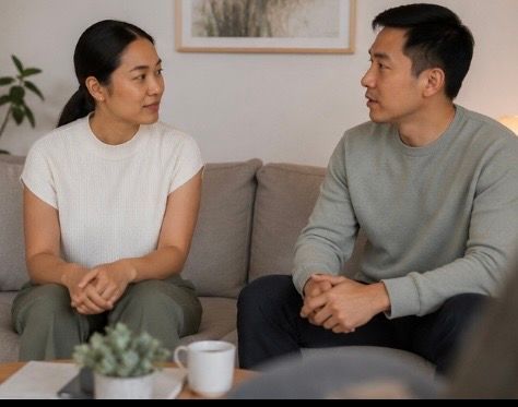 Two people sitting on a couch, facing each other in conversation in a living room.