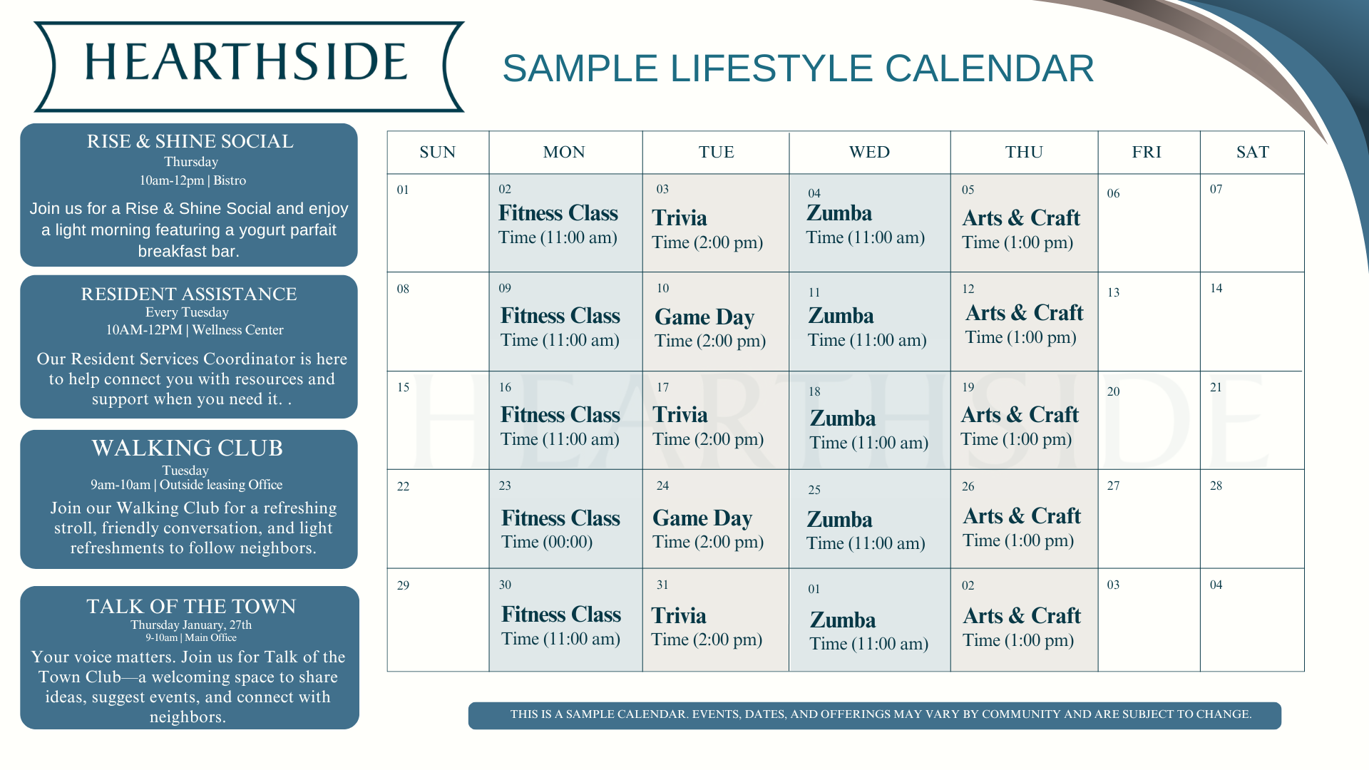 Hearthside Sample Lifestyle Calendar showing a weekly grid of activities like Fitness Class, Trivia, Zumba, and Arts & Craft.