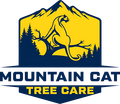 Logo: Mountain cat perched on branch against yellow mountain/sky background. Tree care text below.