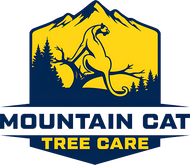 Logo: Yellow mountain scene with navy cougar on a branch. 