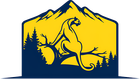 Yellow cougar on a branch against a blue mountain background.
