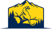Yellow cougar perched on a branch, mountains and pine trees, dark blue on a gold background.