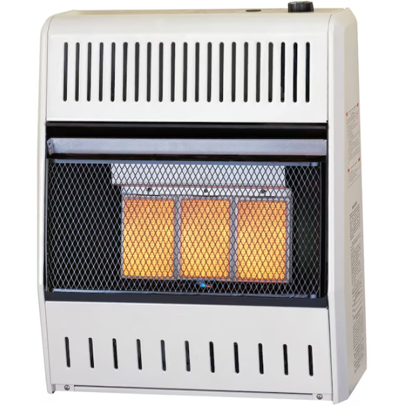 White wall-mounted gas heater with black grille and glowing orange flames inside