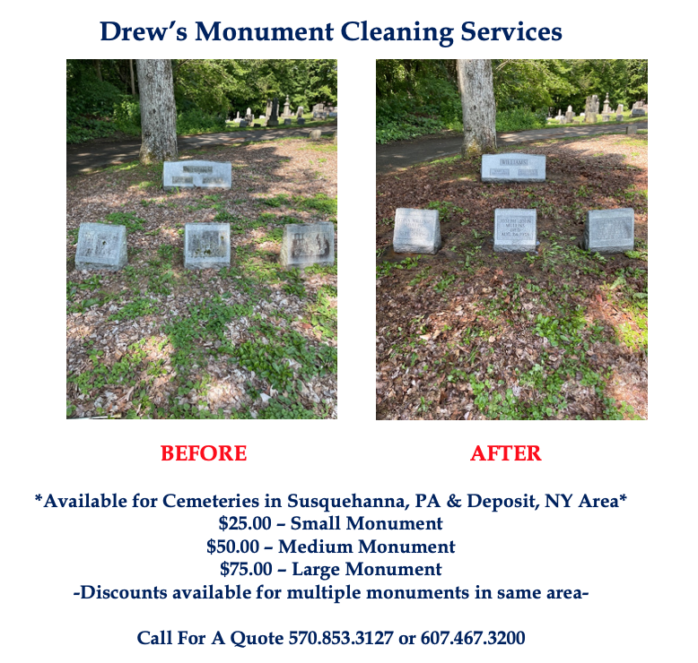Before and after photos of headstones cleaned by Drew's Monument Services. Pricing and contact information included.