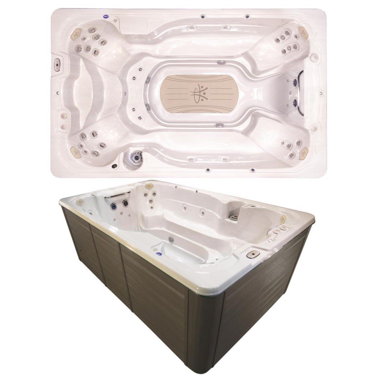 Une grande baignoire jacuzzi blanche avec une base en bois