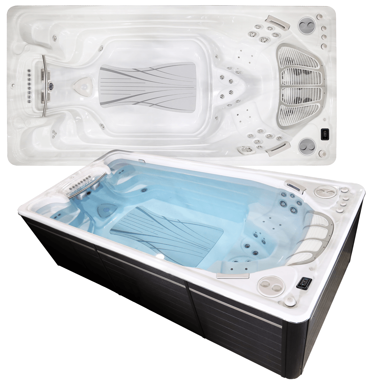 Un spa de nage blanc et noir avec une eau bleue