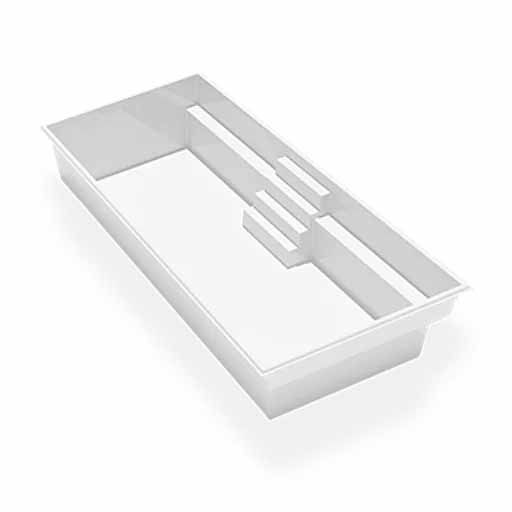 Plateau de rangement en plastique blanc à côtés biseautés et séparateur central étagé sur fond uni