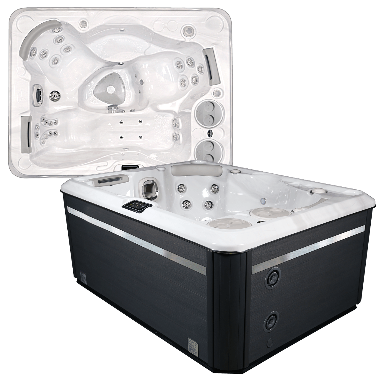 Un spa noir et blanc avec le couvercle ouvert sur un fond blanc.