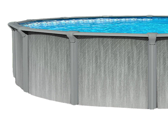 Piscine hors sol ronde avec panneaux latéraux gris et eau bleue