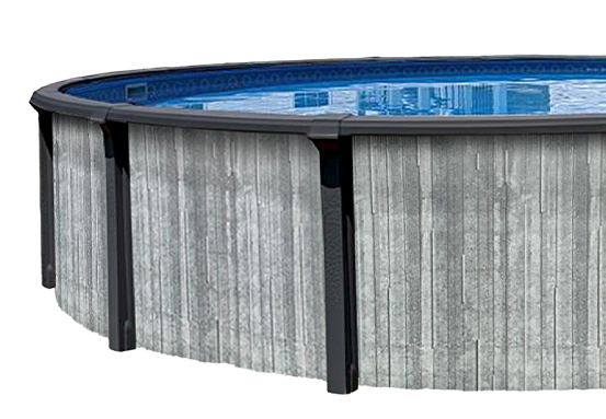 Piscine hors sol ronde avec extérieur gris et ligne d'eau bleue