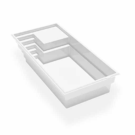 Modèle 3D blanc d'un plan d'étage rectangulaire simple avec des sections en escalier et un centre ouvert