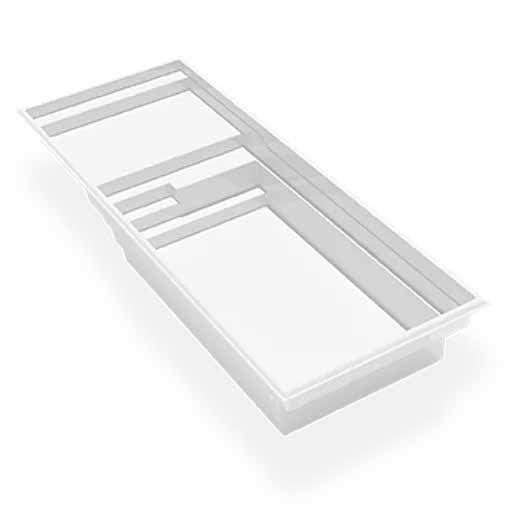 Cadre géométrique blanc translucide avec découpes rectangulaires sur fond clair