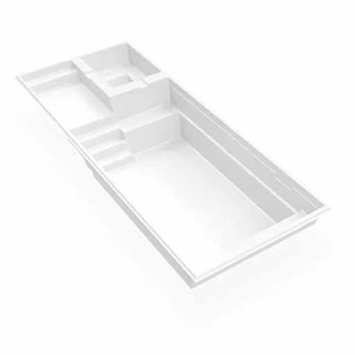 Plan 3D blanc d'un petit appartement avec plusieurs pièces et un long couloir