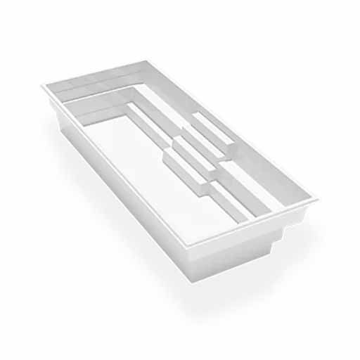 Plateau rectangulaire blanc en 3D avec canaux centraux étagés sur fond uni