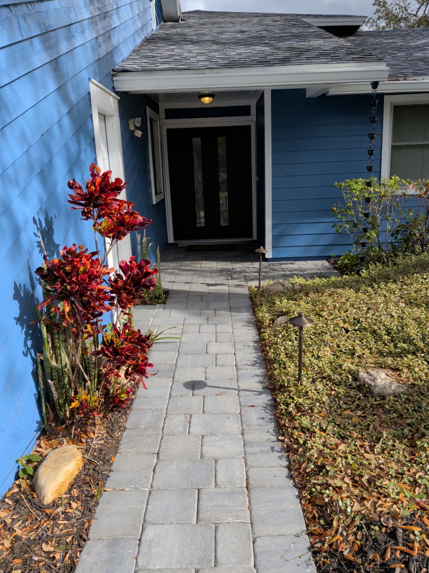 Brick walkway leads to a blue house with a black door, flanked by red plants and greenery.
