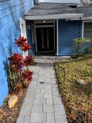 Blue house with gray walkway leading to a black front door, red plants on the left.