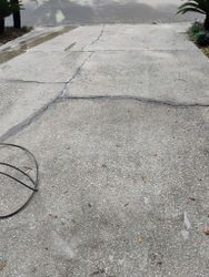 Concrete driveway with cracks, partially wet, leading away from camera.